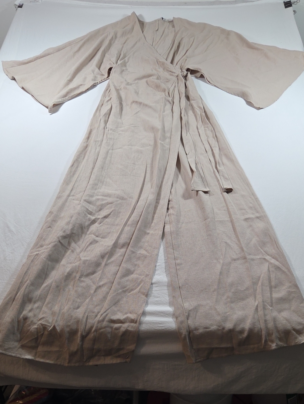Fashion Nova Taupe Wrap Tie Closure Romper Jumper Wide Leg Pants Open Sleeves